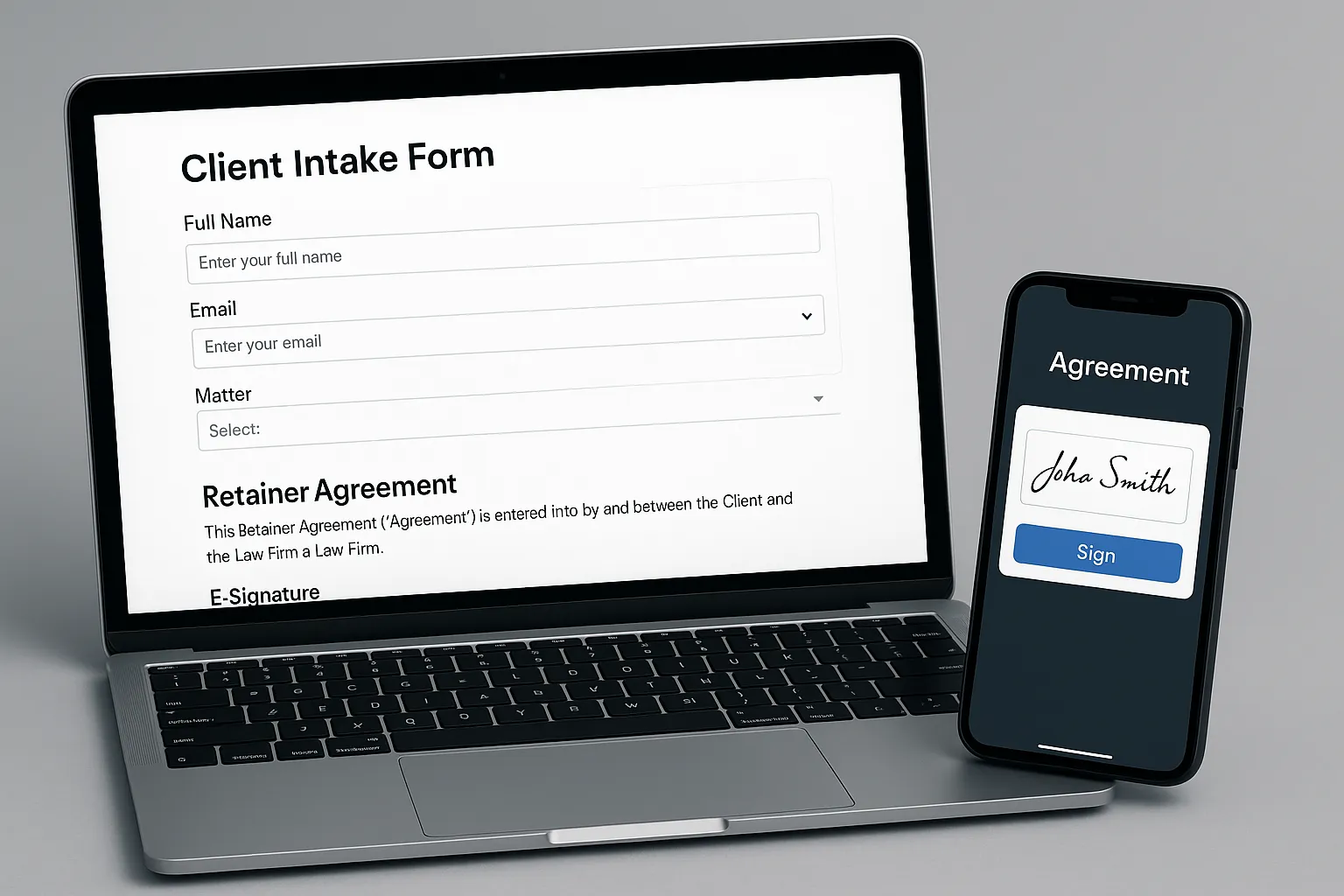 Legal digital forms and e-signature on laptop and phone