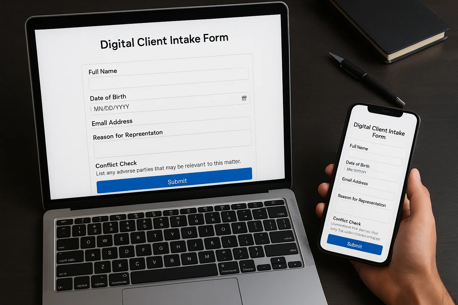 Digital client intake form with conflict check
