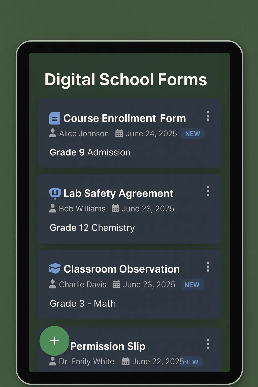 Digital school forms displayed on a tablet for administrators and parents